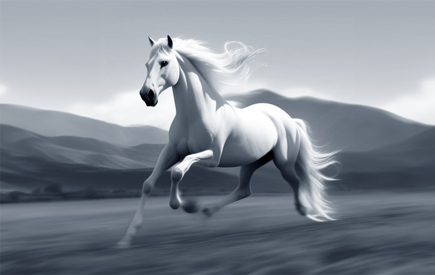 A White wildhorse running free in an untocued meadow, pure just as she is. #Wildhorses #BlackandWhite