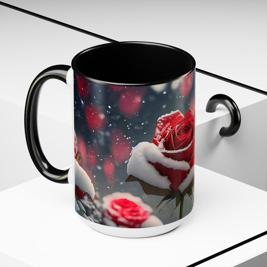 Red Rose in the Snow - Two-Tone Coffee Mugs, 15oz